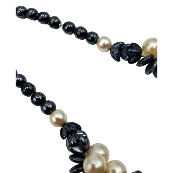Glass Beaded Necklace Faux Pearl Hematite Colored Twisted Strands Vintage Costum - Picture 5 of 9